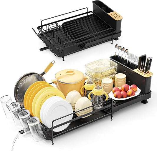 Large Dish Drying Rack, Multifunctional Dish Rack for Kitchen Counter, Expandable Dish Drainers with Drainboard Utensil Holder, Cup Holder, Black