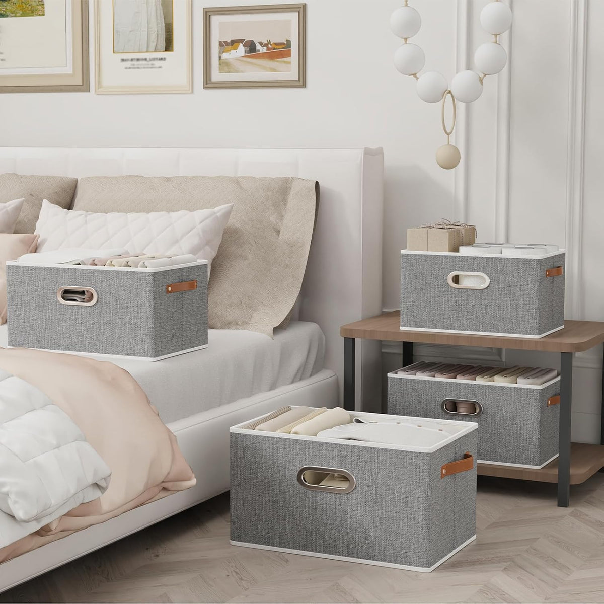 Yawinhe Fabric Storage Bins with Handles, Foldable Baskets for Shelves, Cubes with 3 Handles, Large Boxes for Clothes, Grey, 16.9''Lx11.8''Wx10.2''H, 6-Pack
