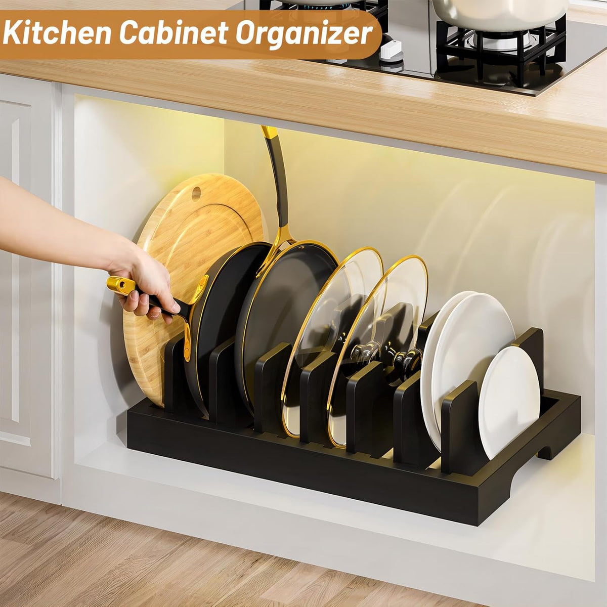 Bamboo Pot and Pan Organizer, Pot Lid Organizer Holder Rack for Countertop Drawer, Kitchen Cabinet Organizer with 7 Adjustable Dividers for Pots, Pans, Baking Sheets, Cutting Boards, Black
