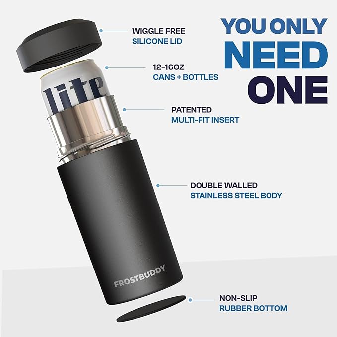 Frost Buddy Universal Buddy Can Cooler - Fits All - For Regular 12 & 16 oz or Slim-Size Bottles - Insulated Double-Walled Stainless Steel (Royal Glitz)