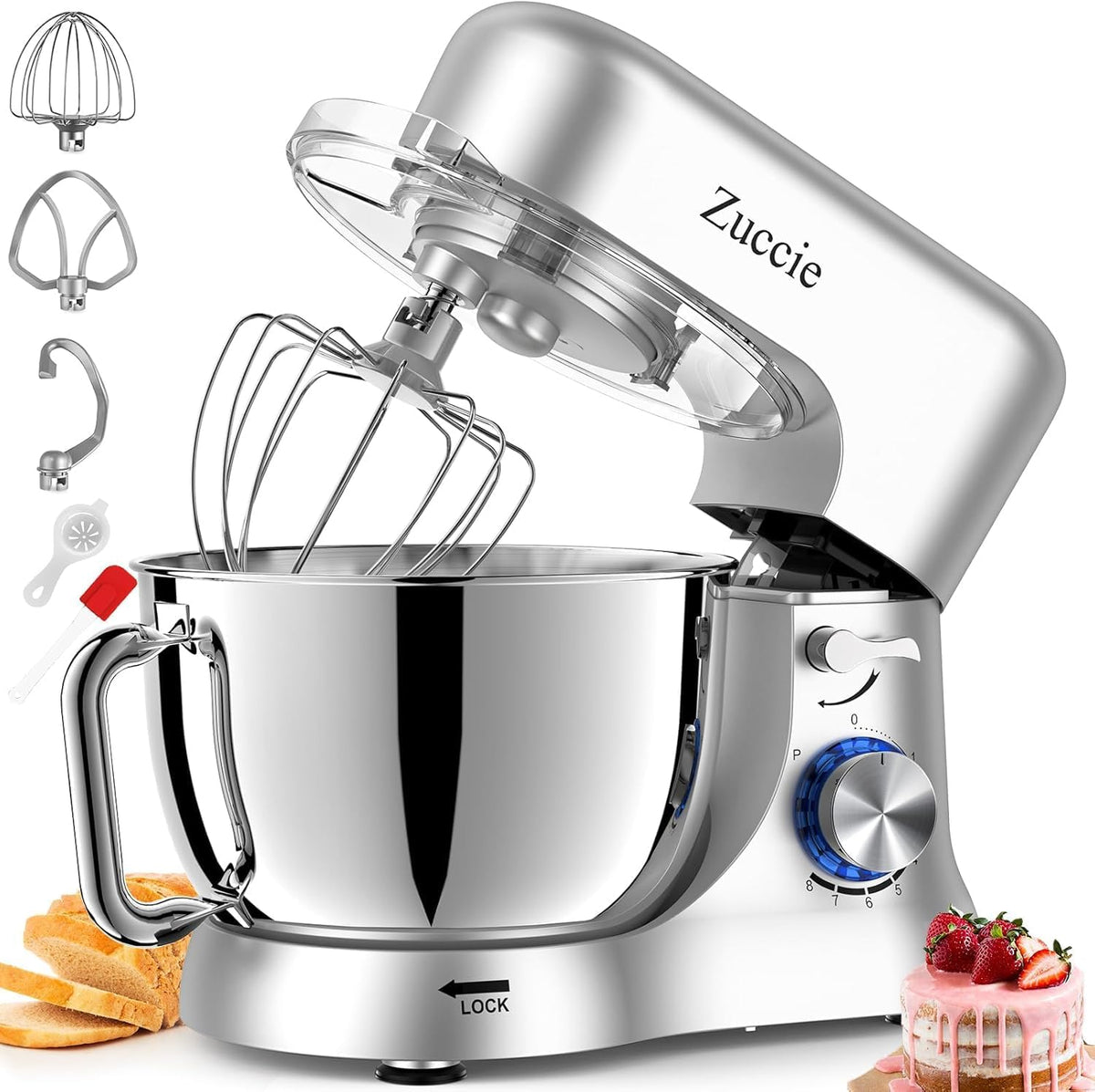 Stand Mixer, Zuccie 4.8QT Kitchen Electric Stand Mixer, 380W Motor Power Food Mixer, 8+P-Speed Dough Mixer with Dough Hook, Wire Whip & Beater, Silver