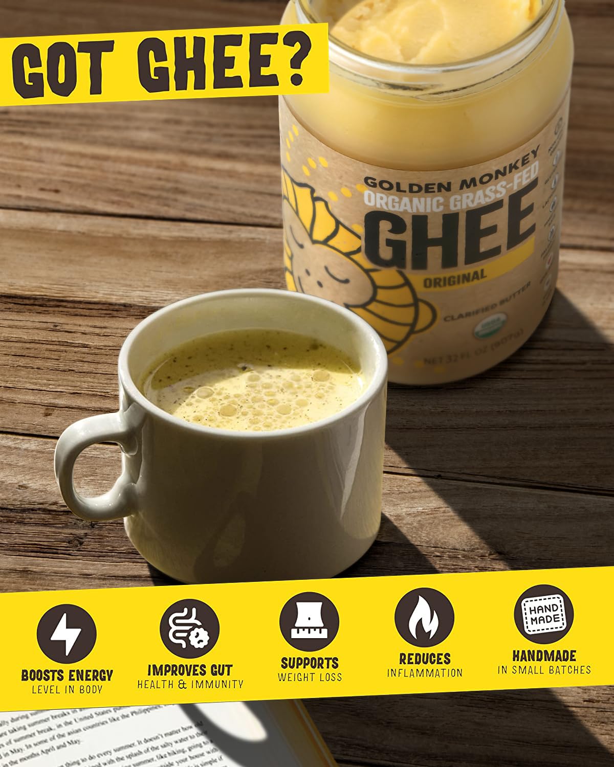 GOLDEN MONKEY Organic Ghee Butter – Grass Fed Clarified Butter for Cooking, Baking, Keto & Gut Health – Ghee Butter Organic Grass Fed from Small Farms – Smooth Spread with High Smoke Point (32oz)