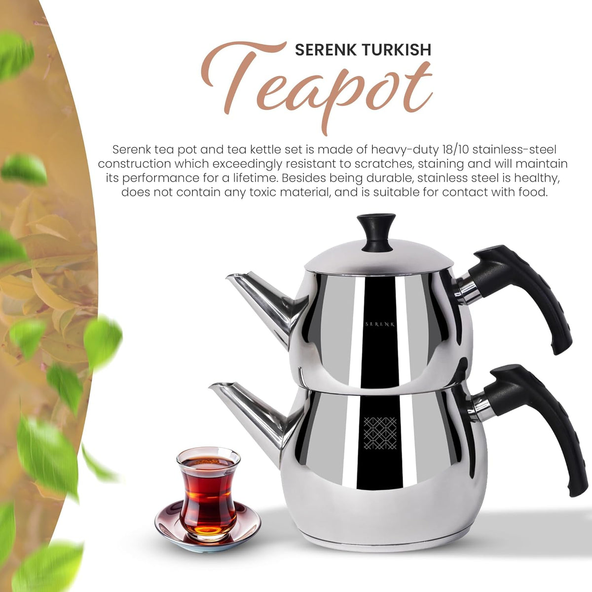 Serenk Stainless Steel 3 qt(101 fl oz) Turkish Tea Pot Sets With Lids And NonSlip Bakelite Handles For All Stove Type Turkish Tea Maker Two Pots With Termo Capsuled Induction Base (Black Small)