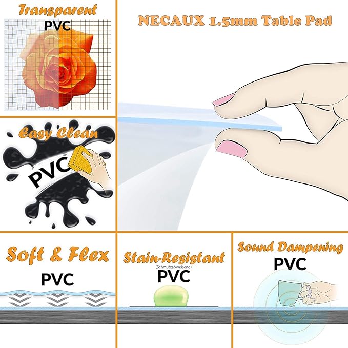 NECAUX Custom Multisize 1.5mm Thick Clear PVC Table Cover Protector - 16 x 44 Inch Rectangular Plastic Table Cover Desk Pad Mat for Office & Computer Desk/Sofa Table/Media Stand
