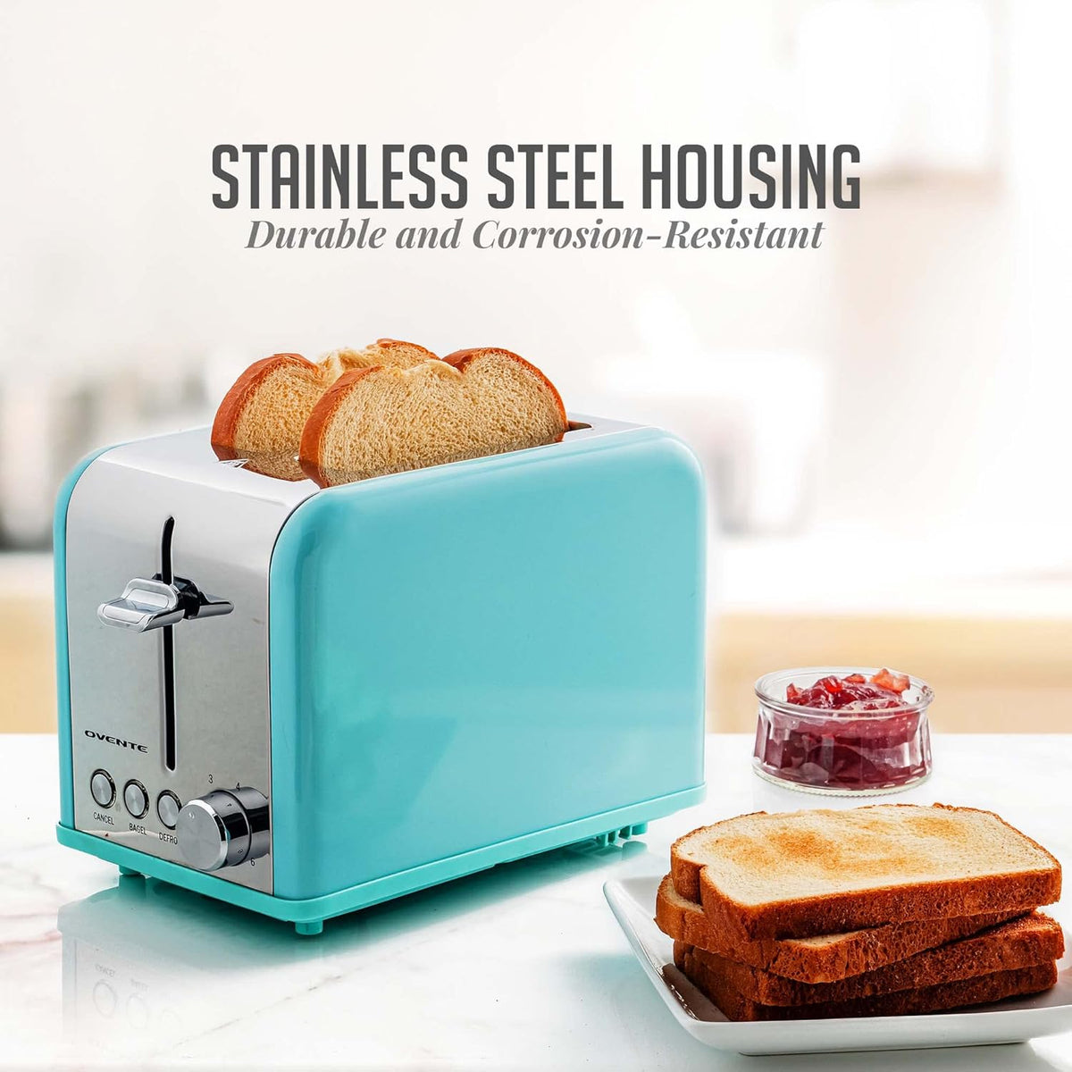 OVENTE Electric 2 Slice Toaster Machine with 6-Shade Browning Selector Setting, Cancel, Defrost, Bagel Buttons, Removable Crumb Tray and Extra Wide Slots for Toasting Breads & More, Turquoise TS2450T