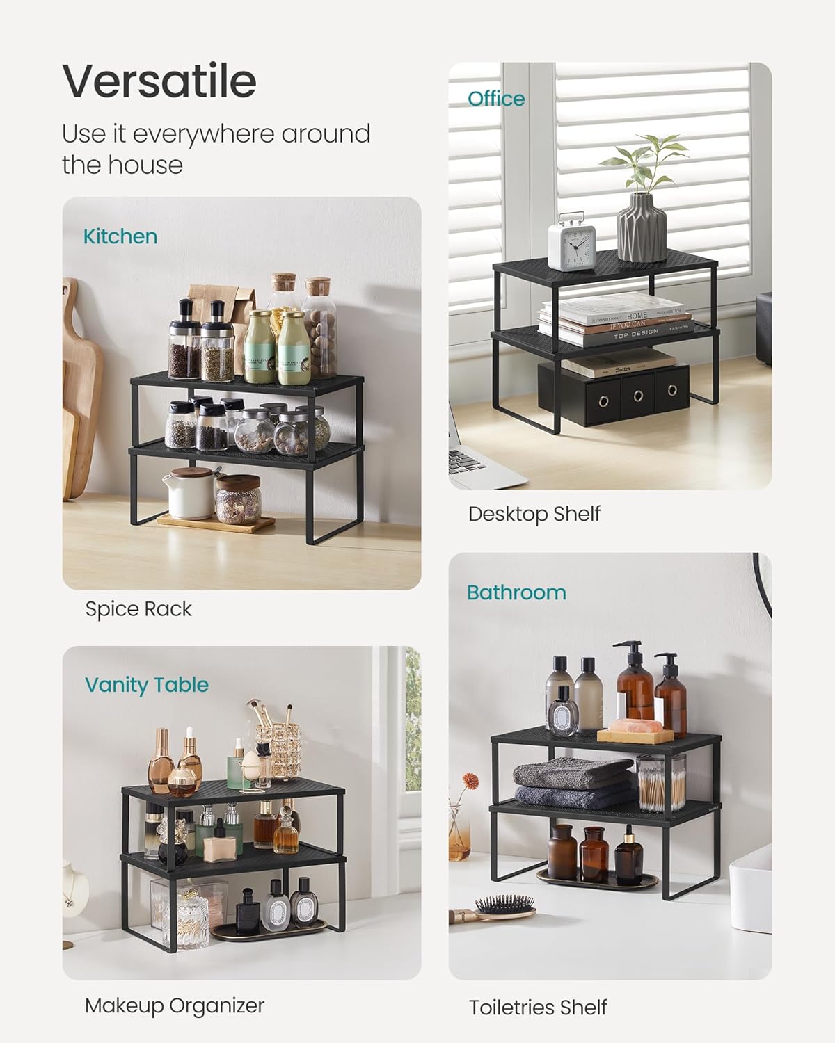 SONGMICS Spice Racks, Set of 2 Metal Cabinet Shelf Organizers, Countertop Organizers, Shelf Risers, Stackable, Expandable, Ink Black UKCS401B01