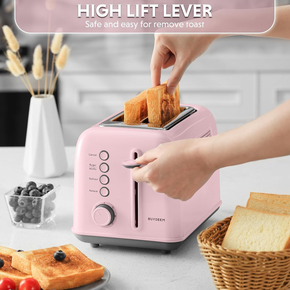 BUYDEEM DT620 2-Slice Toaster, Extra Wide Slots, Retro Stainless Steel with High Lift Lever, Bagel and Muffin Function, Removal Crumb Tray, 7-Shade Settings,Pink