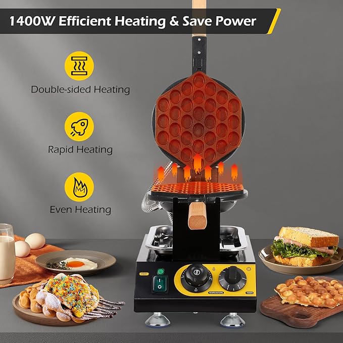 Dyna-Living Bubble Waffle Maker Commercial Bubble Waffle Machine, 1400W Egg Waffle Machine Non-stick Waffle Egg Maker with Crumb Tray, 30 Egg Cones Hong Kong Style Bubble Egg Waffle, 180° Rotating