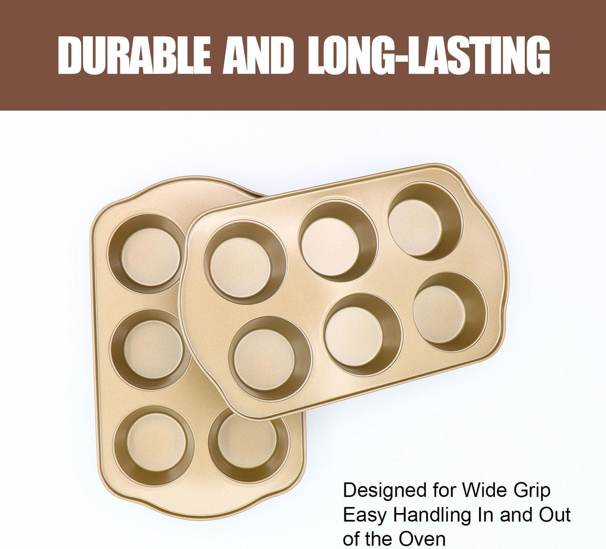 Jumbo Muffin Pan 2 Pack, Nonstick Large Cupcake Pan 6 Cup, Heavy Duty 0.5mm Thick Steel Big Muffin Tins for Baking, 3.5inch Dia, Gold