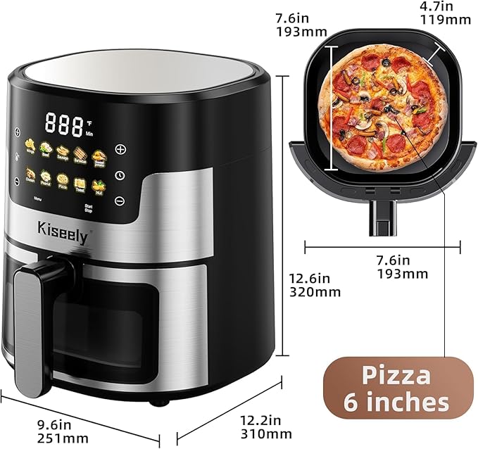 Air Fryer, 6 QT Air Fryers with Glass Touch Screen, Clear Windows, 10-in-1 Stainless Air Fryer Oven with Auto Shut-Off Time & Temperature Control for Roast, Bake, Broil, Keep Warm (BQ1)