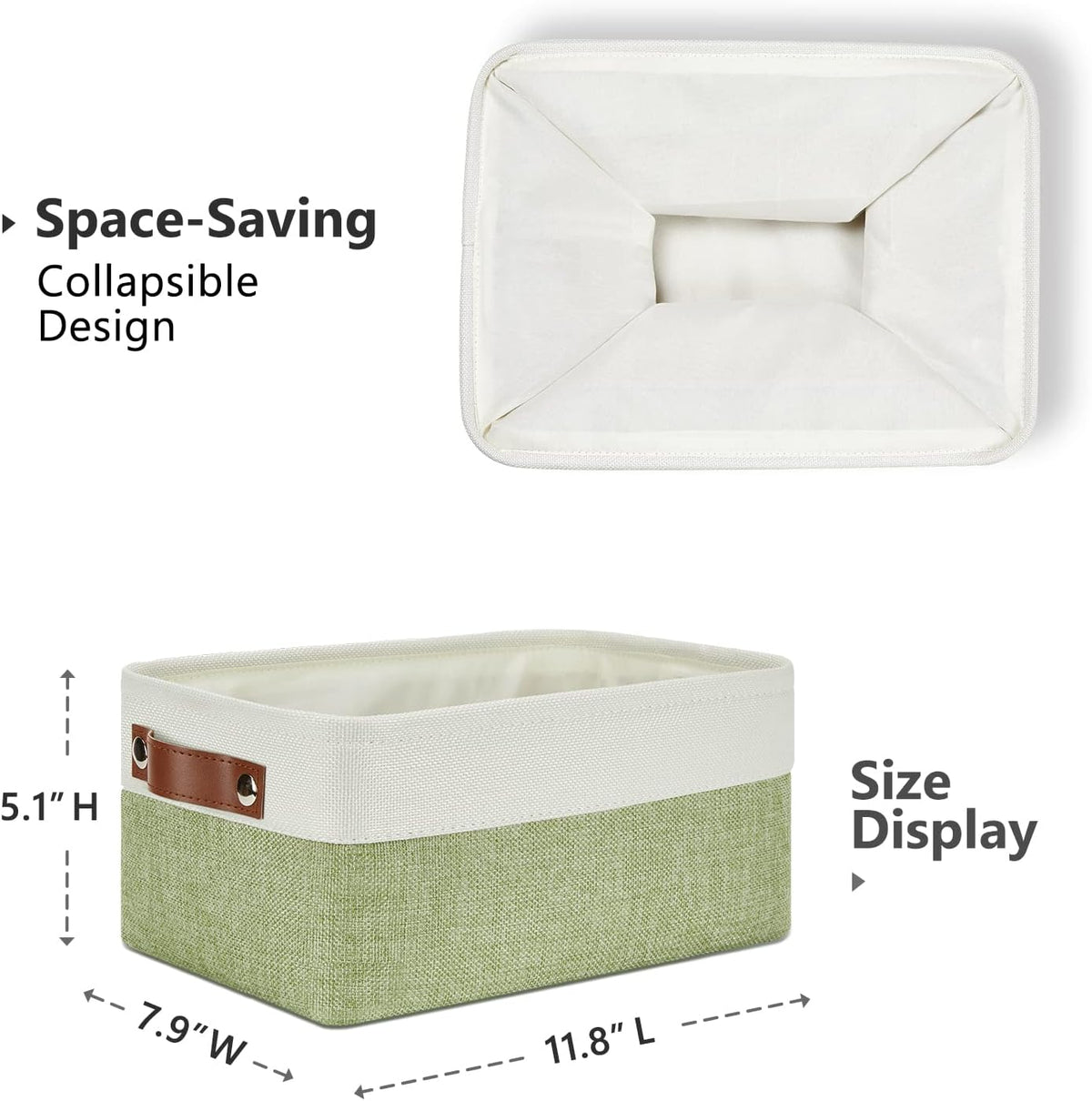 DULLEMELO Storage Baskets for Shelves, Small Fabric Collapsible Rectangular Storage Baskets for Organizing, Closets, Nursery, Home, Office, Empty Gift Baskets (6-Pack, White&Green)