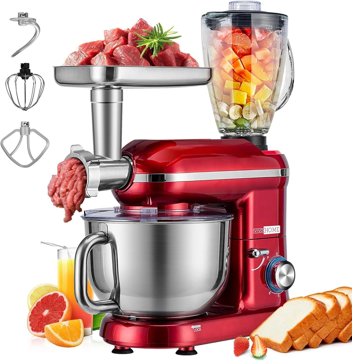 VIVOHOME 3 in 1 Multifunctional Stand Mixer with 6 Quart Stainless Steel Bowl, 650W 6 Speed Tilt-Head Meat Grinder, Juice Blender, Red