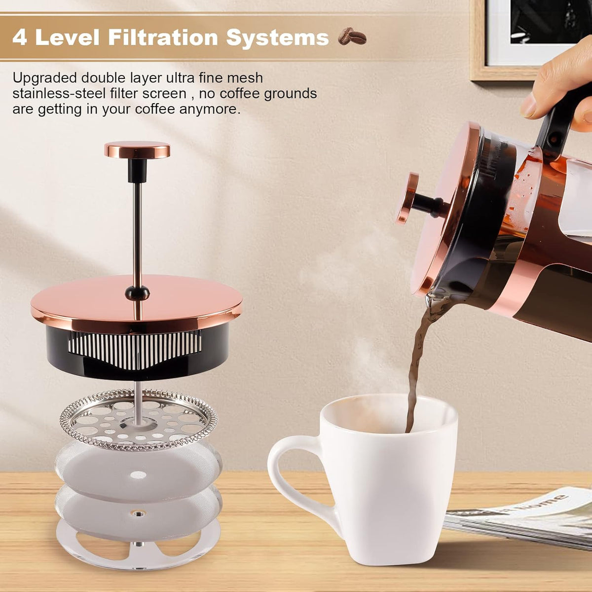 French Press Coffee Tea Maker， Upgrade Heat Cold Resistant Thickened Glass with 4 Level Stainless Steel Filtration System Brew Coffee & Tea， BPA Free, Large 1000ml 34oz,Rose Gold