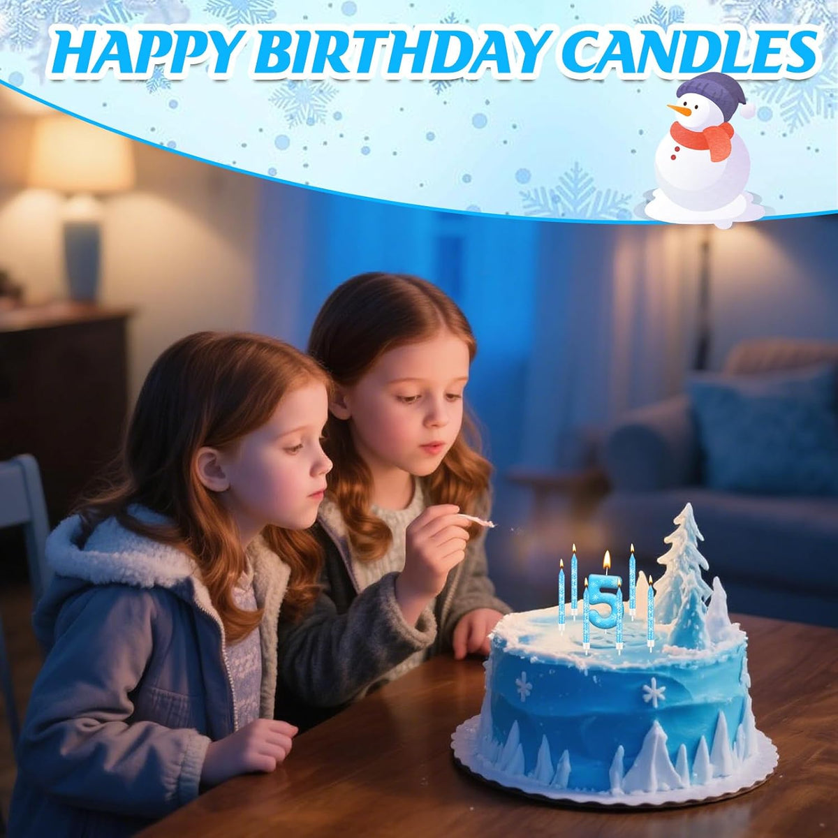 13PCS White and Blue Frozen Themed Party Birthday Candles Set - Blue Number Candles Snowflake Themed Decorations, Girls Party Supplies(Number 5)