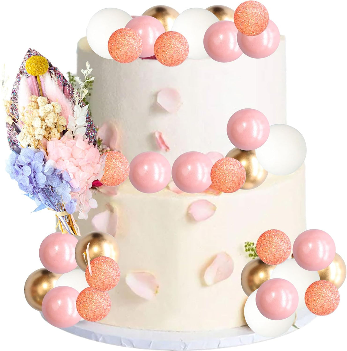 Gyufise 21 Pack Flower Boho Cake Topper Ball Cake Decorations Palm Leaves Plants Cake Decor for Girl Bohemian Princess Theme Wedding Baby Shower Birthday Party Supplies Pink