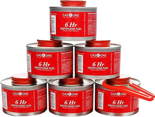 Gas One 6 pack 6 Hour Chafing Fuel - Food Warmer for Chafing Dish Buffet Set - Liquid Safe Fuel With Wick & Lid Opener for Chafing Dish