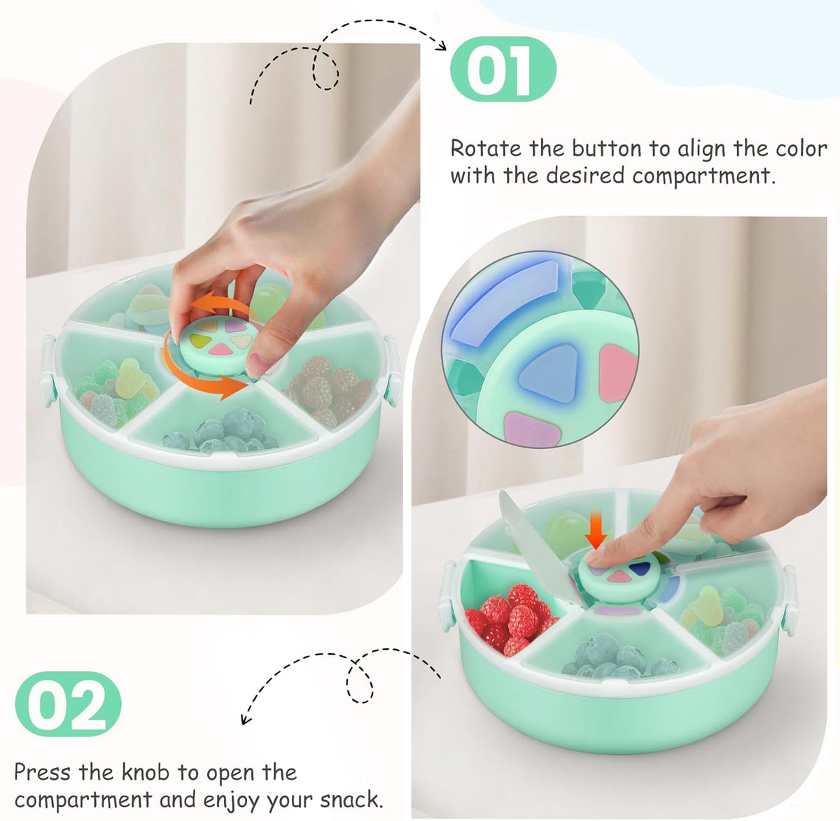 Kids Snack Spinner – Reusable Snack Container with 5 Compartments & Lid, BPA/PVC-Free, Dishwasher Safe, Perfect for Travel, School Lunches & On-the-Go Snacking, Green
