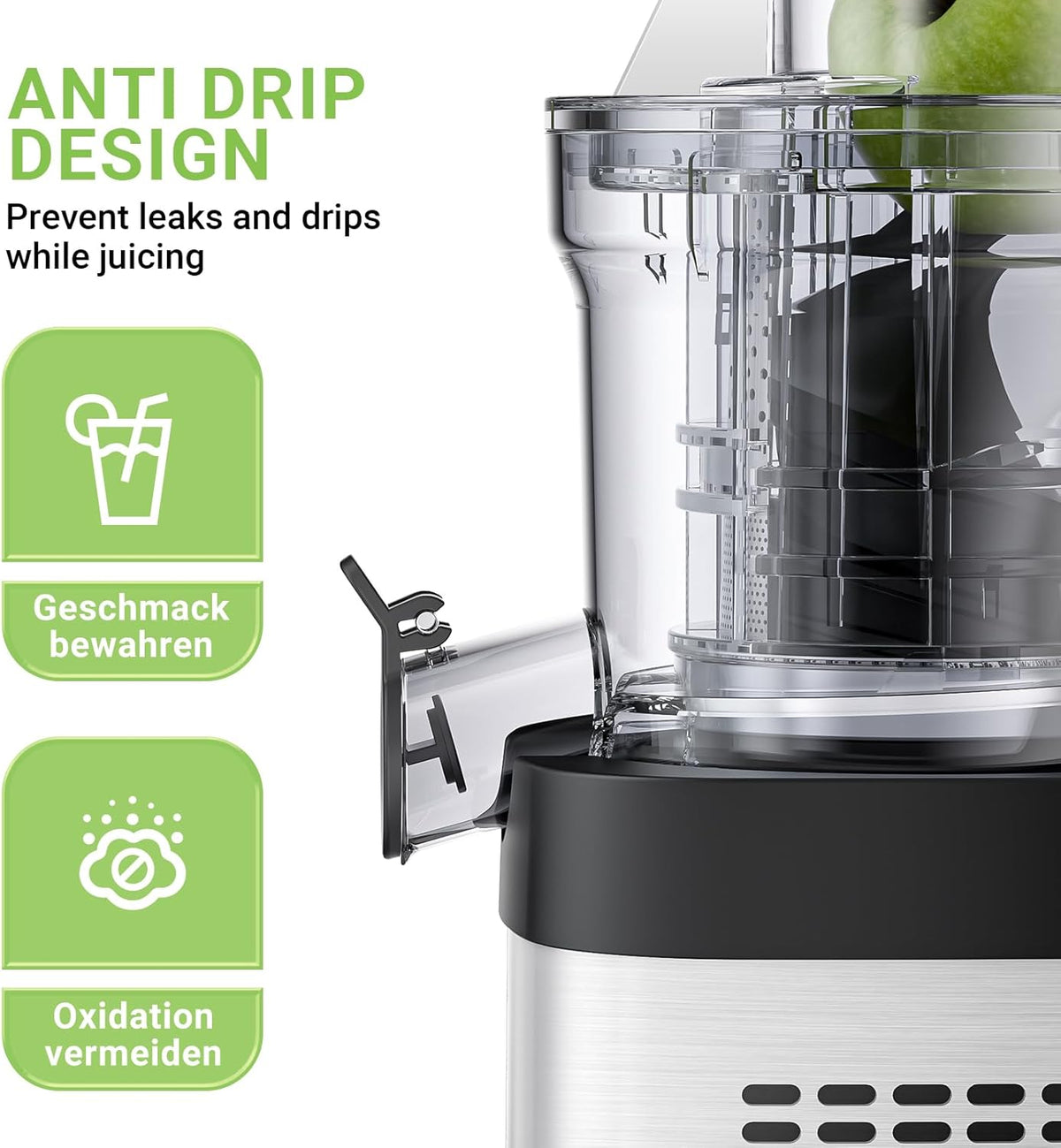 AMZCHEF Cold Press Juicer, Juicer Machines - 3.1" Large Feed Chute for Whole Fruits & Vegetables, Stainless Steel Slow Masticating Juicer Easy to Clean, Large Auger, Double Strainers, Silver