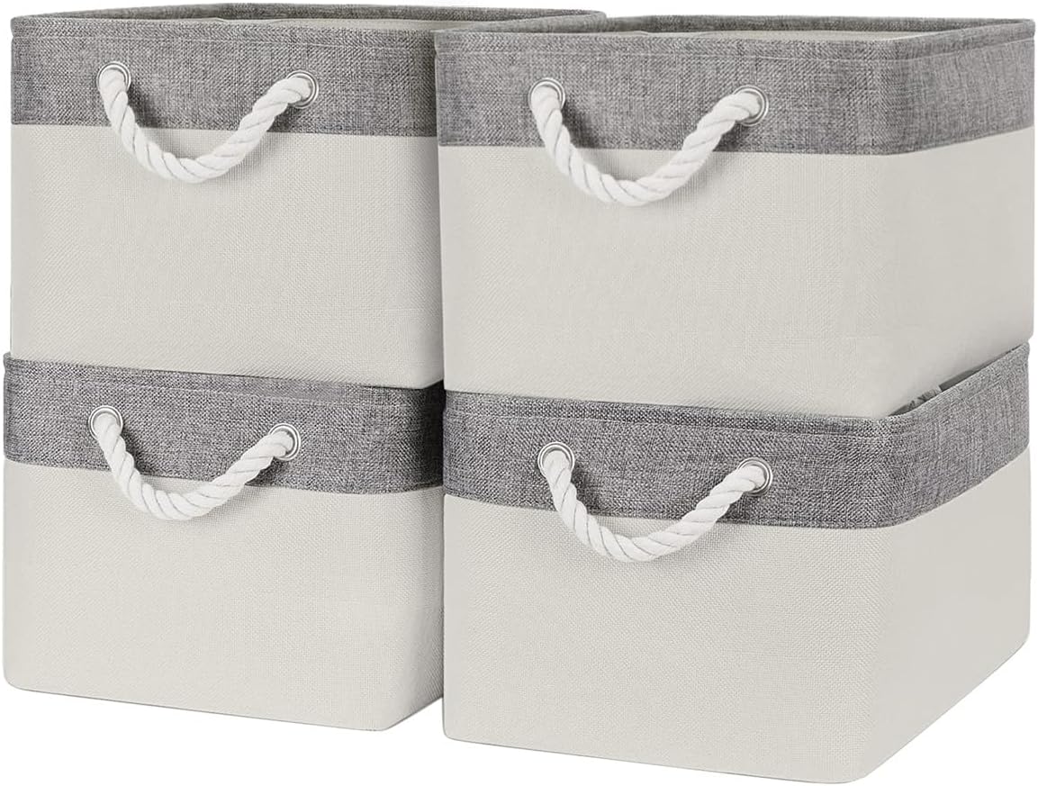 Organization and Storage Basket for Organizing - Large 4 Pack 16x12x8 inch Fabric Storage Cube Collapsible Baskets for Shelves, Storage Bins for Cloth Books (Grey & White)
