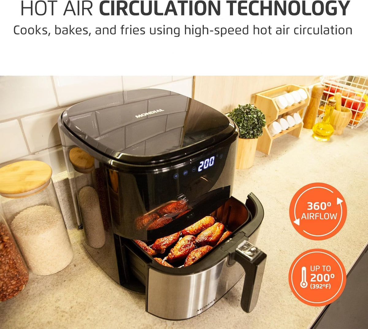 Air Fryer Digital Visor Inox 5.3QT Capacity - High Power & Elegant Stainless Steel Finish - Black & Inox
