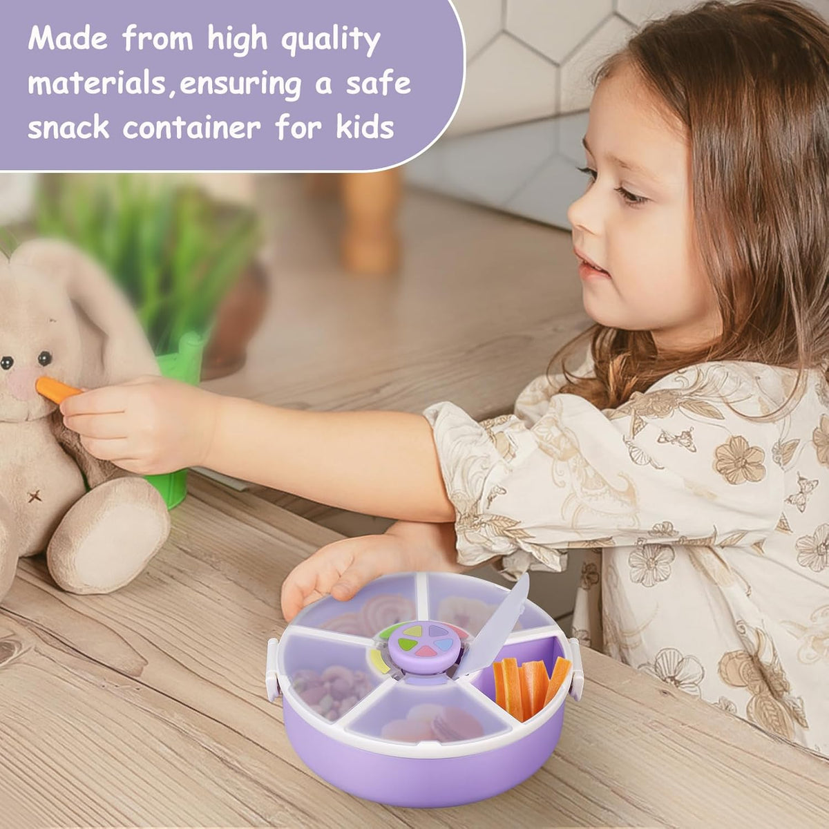 Snack Spinner Set for Kids – 2-Pack, Includes Rotating Snack Container & Classic Sectioned Snack Box, BPA-Free, Dishwasher Safe, Perfect for Travel, Purple