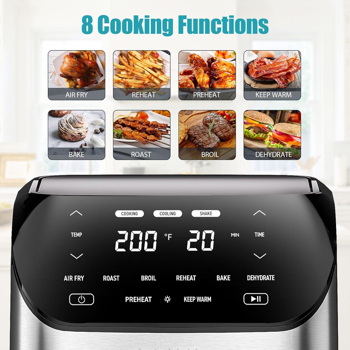 Air Fryer 6.2 QT Large Capacity Oilless Hot Air Fryers Oven 1500W Healthy Cooker with 10 Presets, Digital LCD Touch Screen, Visual Cooking Window, Non-Stick Basket, Included Recipe (Silver-L)
