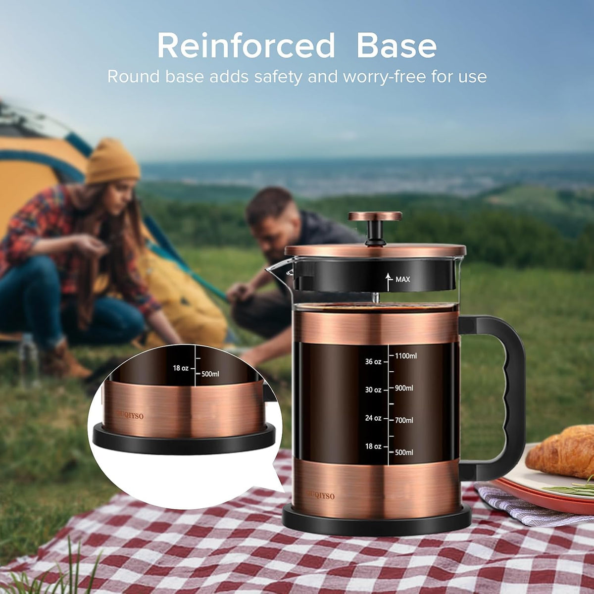 QUQIYSO French Press Coffee Maker 51oz 304 Stainless Steel French Press with 4 Filter, Heat Resistant Durable, Easy to Clean, Borosilicate Glass Coffee Press, Copper