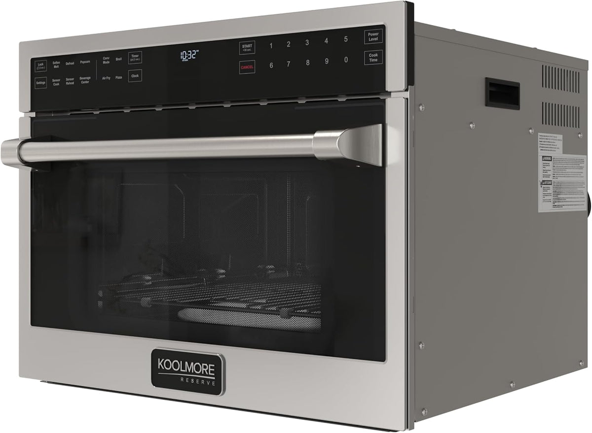 KoolMore KM-CWO24-AFSS Reserve Built-in Microwave Convection Oven with Air Fry, 3-in-1 Combo, Sensor Cook, Soft-Close Door, Stainless Steel, Premium 24 in. /1.6 cu. ft, Black