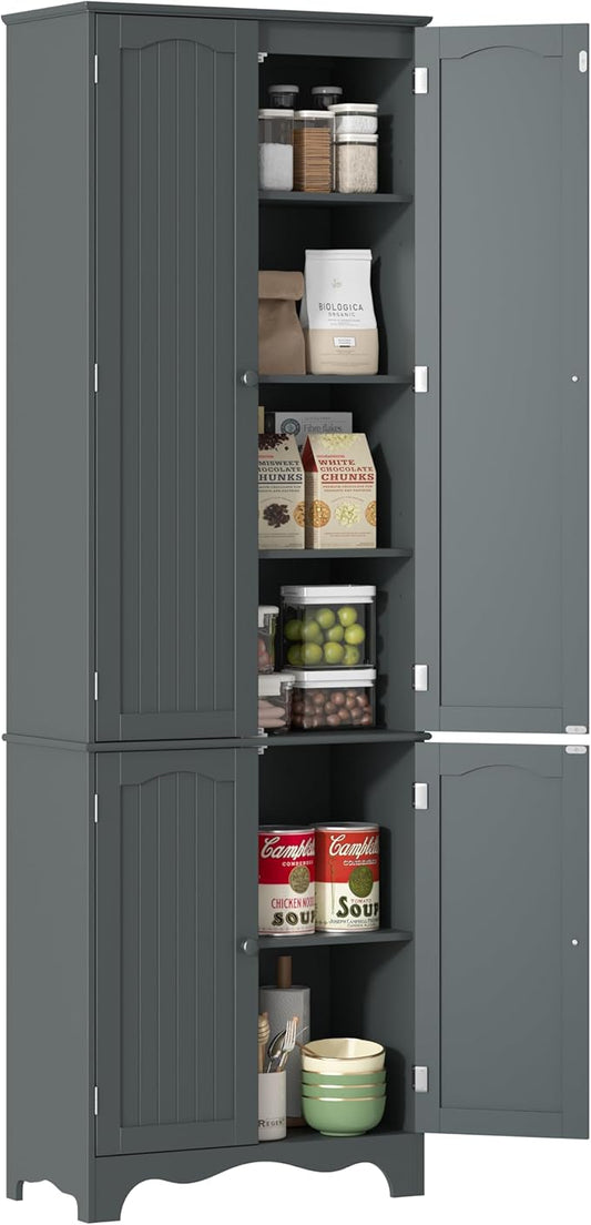 Yusong 72'' Tall Kitchen Pantry Cabinet, Freestanding Storage Cabinet with Doors and Shelves, Wooden Food Pantry Farmhouse Cupboard Buffet for Kitchen Dining Living Room, Gray