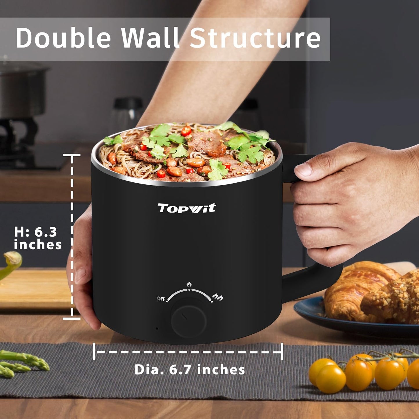 Topwit Hot Pot Electric with Steamer, 1.6L Ramen Cooker, Electric Pot for Pasta, Shabu-Shabu, Oatmeal, Soup and Egg, Portable Cooker with Dual Power Control, Dorm Room Essentials, Black