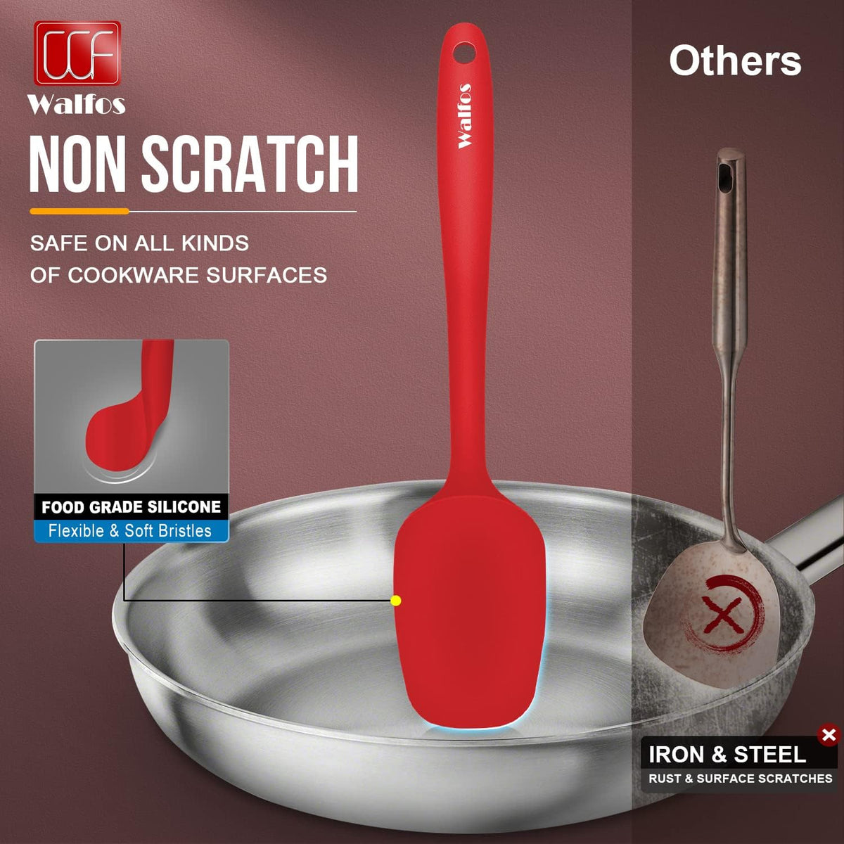Walfos Silicone Spatula Set of 5-600°F Heat Resistant Kitchen Scraper Spatulas, Strong Steel Core and One-Pieces Seamless Design, Great for Cooking Mixing & Baking - BPA Free & Dishwasher Safe (Red)