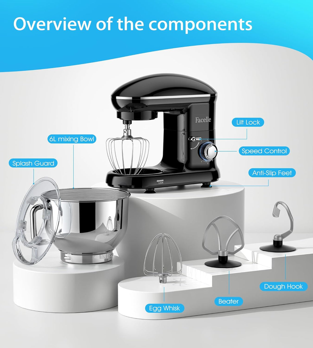 Facelle Stand Mixer, 660W 6 Speed Electric Kitchen Mixer with Pulse Button, Attachments include 6.5QT Bowl, Dishwasher Safe Beater,Dough Hook,Whisk & Splash Guard for Dough,Baking,Cakes,Cookie(Black)
