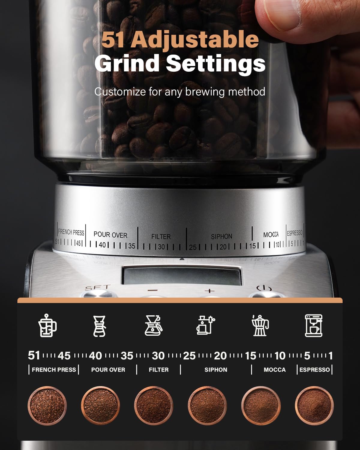 SHARDOR Conical Burr Coffee Grinder Electric, Espresso Coffee Bean Grinder with Precision Electronic Timer, Adjustable Burr Mill with 51 Precise Settings for Home Use, Stainless Steel Container