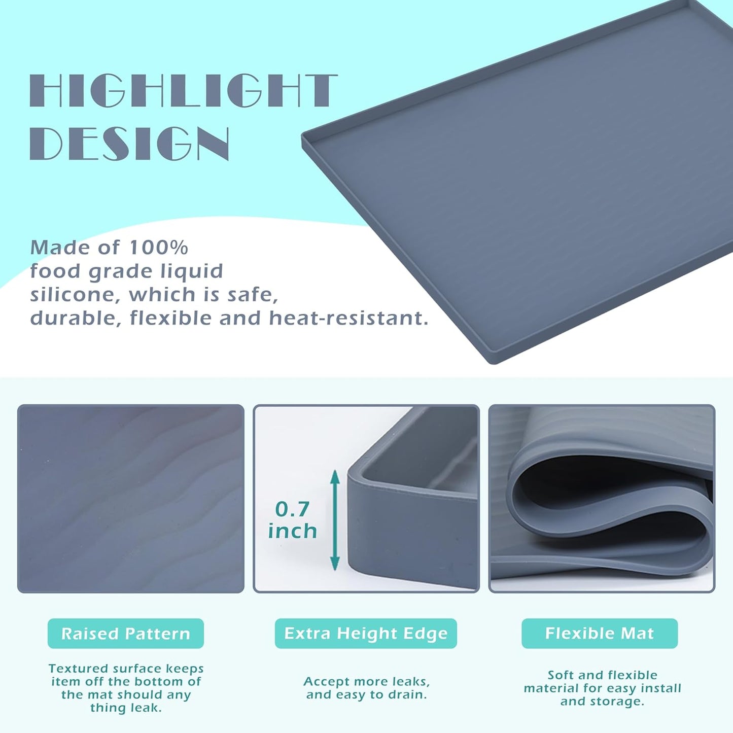 URMONA Waterproof Silicone Under Sink Mat 22'' x 14'' Shelf Liner for Kitchen and Bathroom, Cabinet and Counter Protector, Storage and Organizers, Litter Mat, Pet Cat Puppy Essentials(Dark Grey)