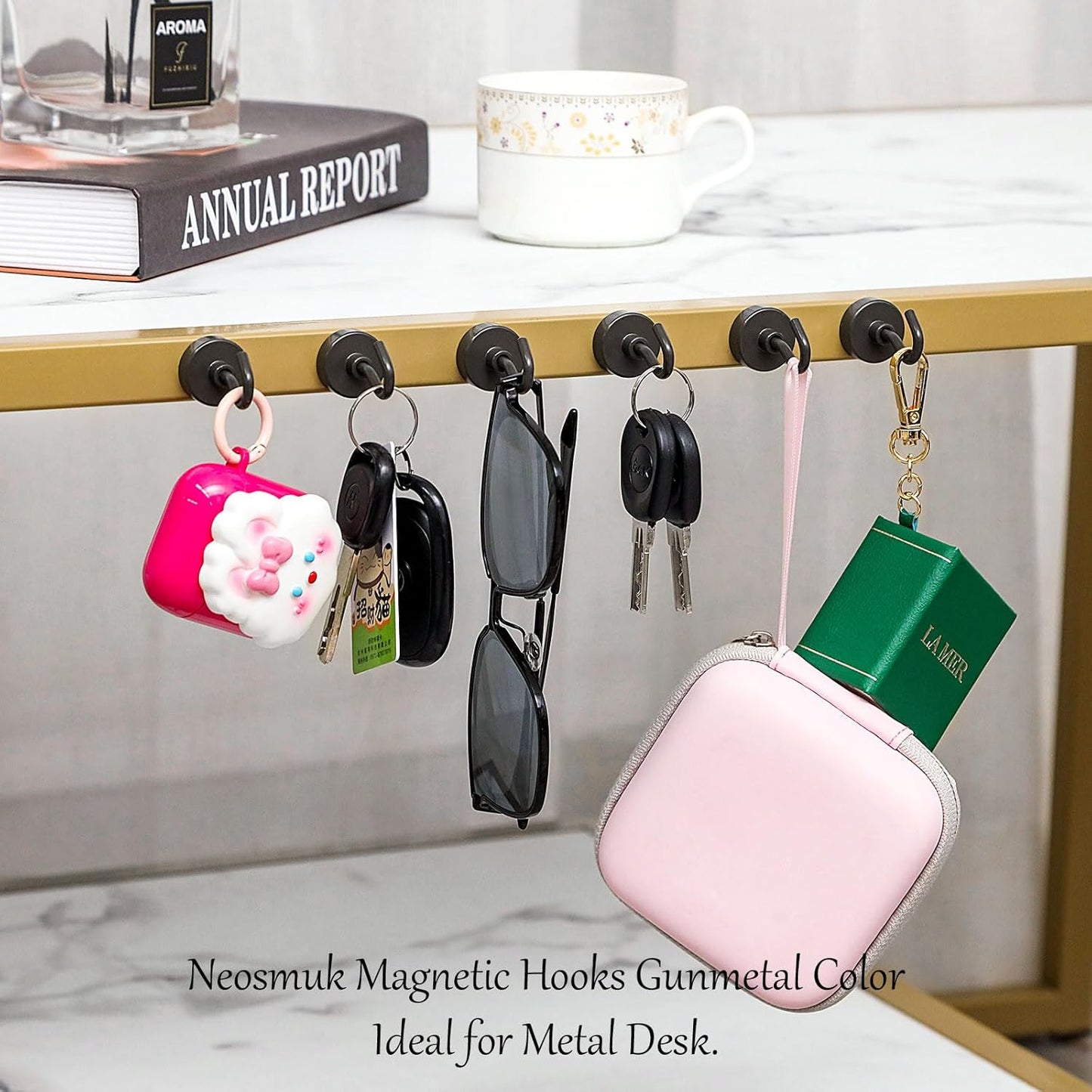 Neosmuk Magnetic Hooks, 40lb Heavy Duty Earth Magnets with Hook for Refrigerator, Extra Strong Cruise Hook for Hanging, Magnetic Hanger for Cabins, Grill (Gunmetal, Pack of 10)