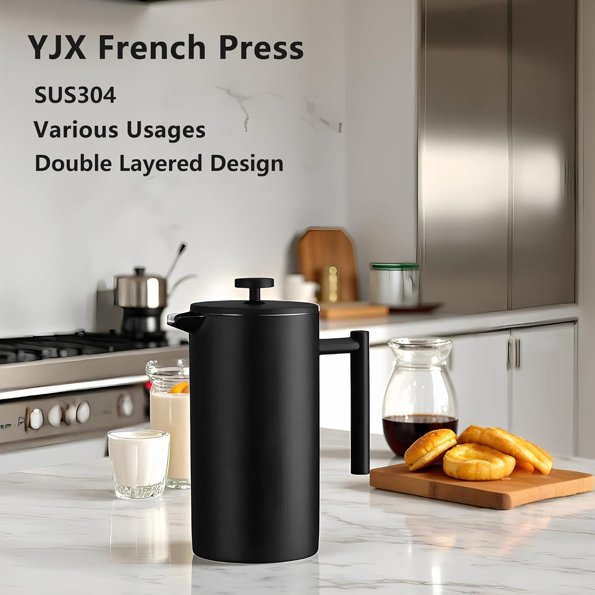 YJX 34oz Coffee Maker, Stainless Steel French Press, 1 Liter Camping Coffee Pot, Tea Maker, 34 Ounce Travel Coffee Presses, Heat Resistant Double Insulated (Black)