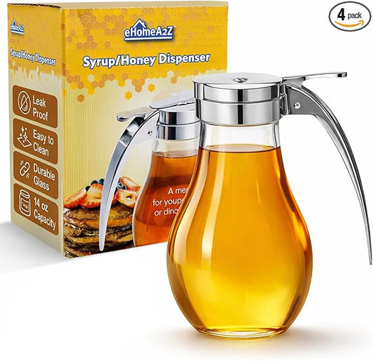 EHOMEA2Z Glass Honey Dispenser, 14 oz Syrup Dispenser with Metal Top, Maple Syrup Dispenser for Kitchen & Dining Table (4, 14 Oz)
