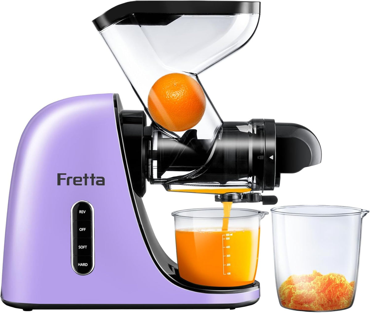 Masticating Slow Juicers, Fretta Wide Feeding Chute Cold Press Juicer, BPA-Free, Celery Juicer, Juicer Extractor with Quite DC Motor & Reverse Function, 2 Speed, 200W(Taro Purple)
