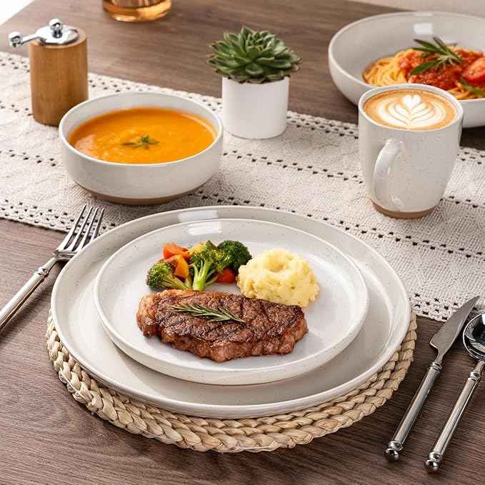 AmorArc Ceramic Dinnerware Sets with Pasta Bowls for 6, Handpainted Plates and Bowls Set with Rustic Terracotta Underside, Scratch Resistant Dishes Set, Dishwasher & Microwave Safe, 24 Pcs