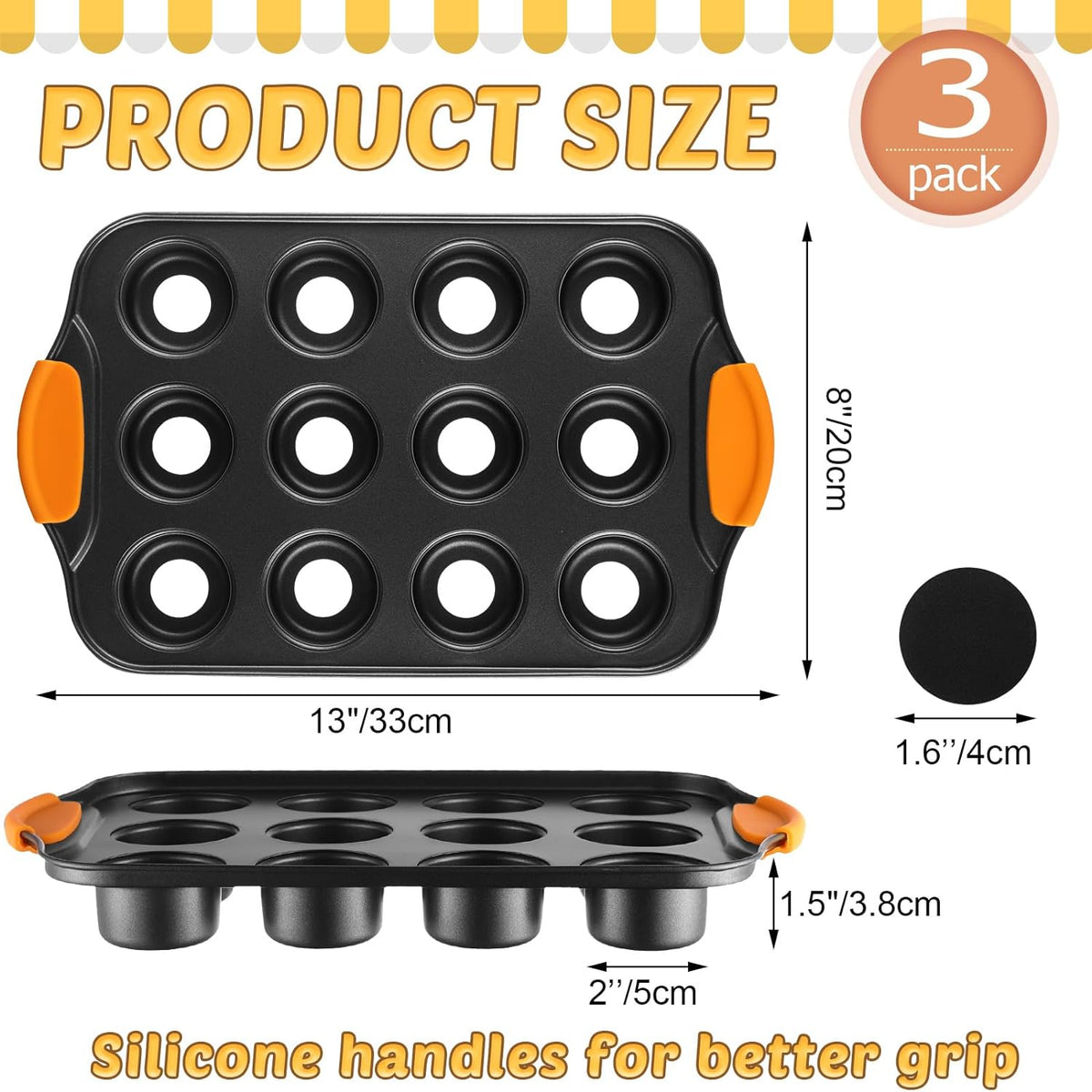 Uiifan 3 Pack Mini Cheesecake Pans Removable Bottom 12 Cavity Mini Cupcake Pan with Silicone Handle Nonslip Anti Heat Nonstick Carbon Steel Muffin Mold 13" x 8" Baking Molds(Orange)