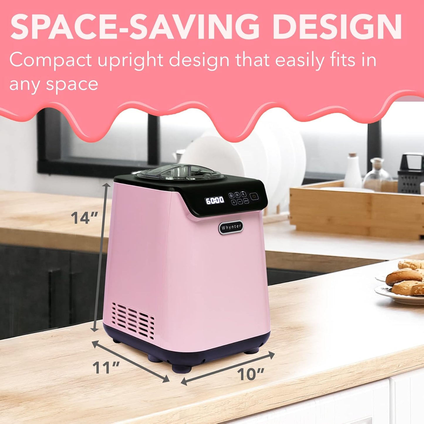 Whynter Ice Cream Maker Machine Automatic 1.28 Qt Upright with Built-In Compressor, LCD Digital Display & Timer, No Pre-Freezing, ICM-128BPS, Black/Pink