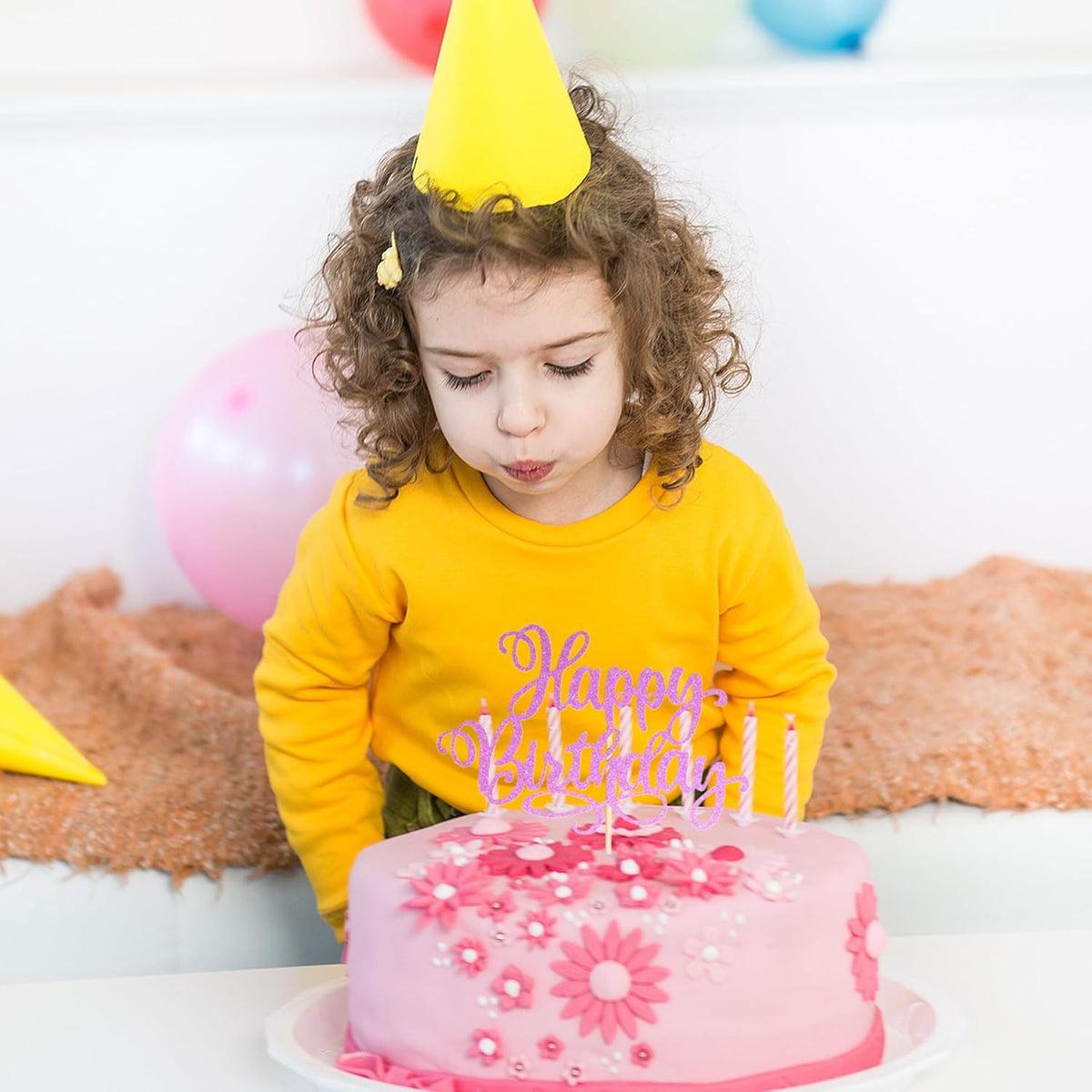 Happy Birthday Cake Toppers 9 Inch Glitter Happy Birthday Cake Pick for Birthday Anniversary Theme Party Cake Decorations Supplies - Rose Red
