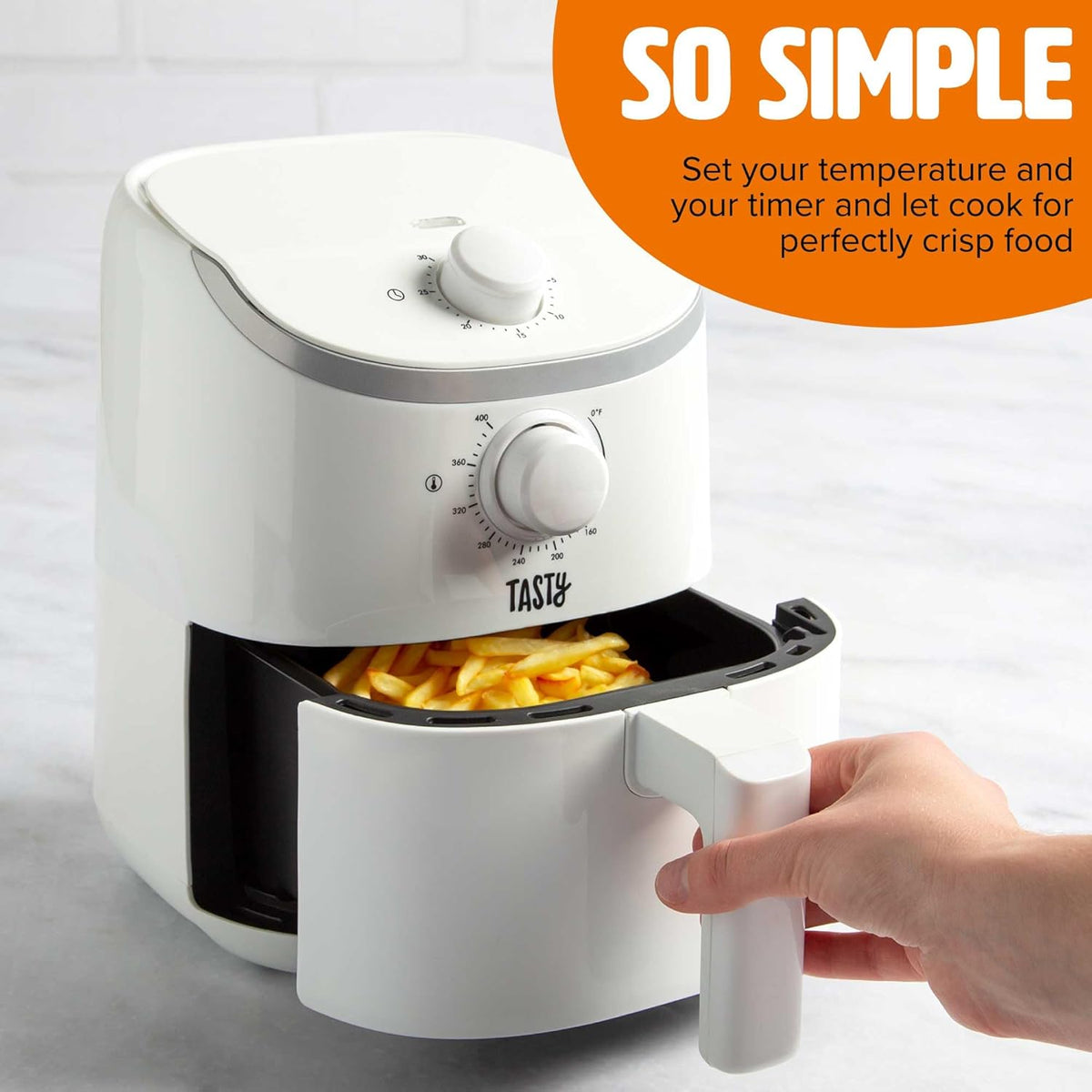 Tasty Personal Air Fryer, Healthier Meals in Minutes, Adjustable Temp Control up to 400°F, Easy-to-Use Design, Nonstick Basket and Tray Made without PFAS, PFOA, PFOS & PTFE, 900 Watts, 2-Quart, White
