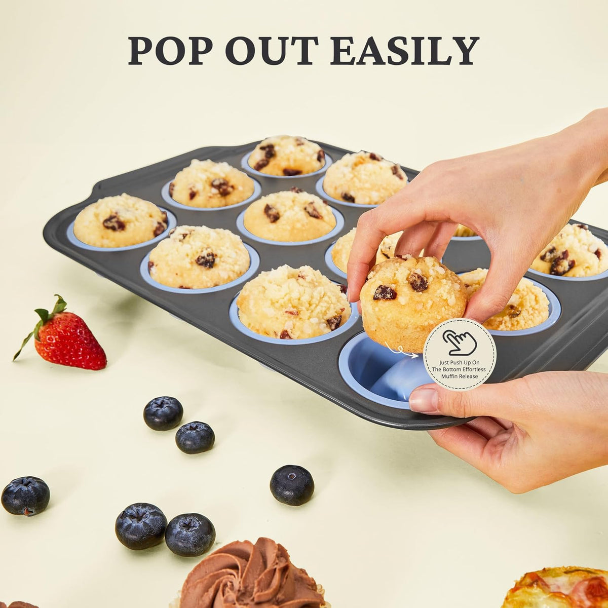 Silicone Muffin Pans for Baking with Metal Frame, Egg Bite Molds, Cupcake Pans 12 Regular Size, Muffin Tins Easy to Pop Nonstick Non Toxic Bakeware for Oven,Blue