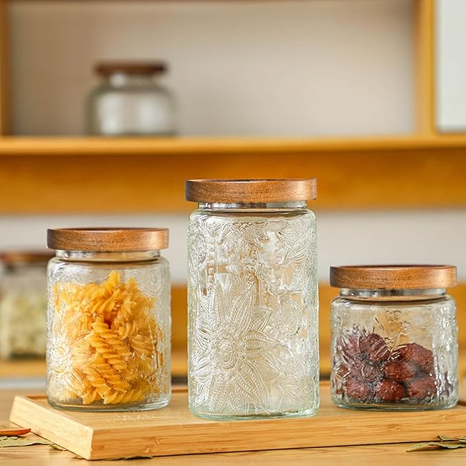 Adodeen 32oz Vintage Glass Jars With Lids, Airtight Food Storage Containers, Kitchen Canisters For Sugar, Coffee, Tea, Spice, Flour, Candy Cookie, Pasta, Cereal, Cute Decorative Jars