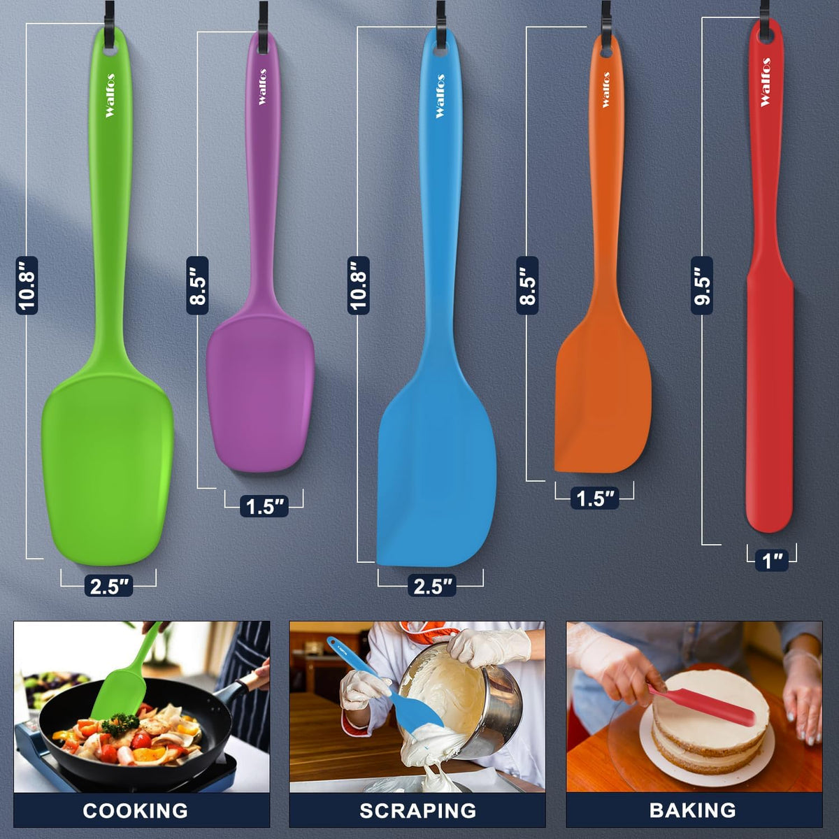 Walfos Silicone Spatula -600°F Heat Resistant Kitchen Scraper Spatulas, Strong Steel Core and One-Pieces Design, for Cooking Mixing Baking - BPA Free and Dishwasher Safe, Multicolor set of 5
