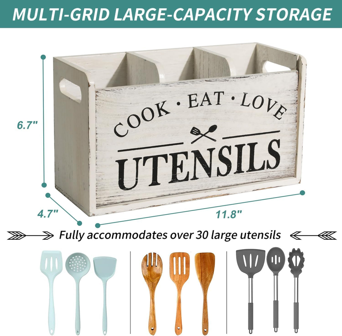 Farmhouse Cooking Utensils Organizer - Solid Wood Countertop Utensil Holder, 3 Compartment Spoon Holder for Kitchen Decor (White)