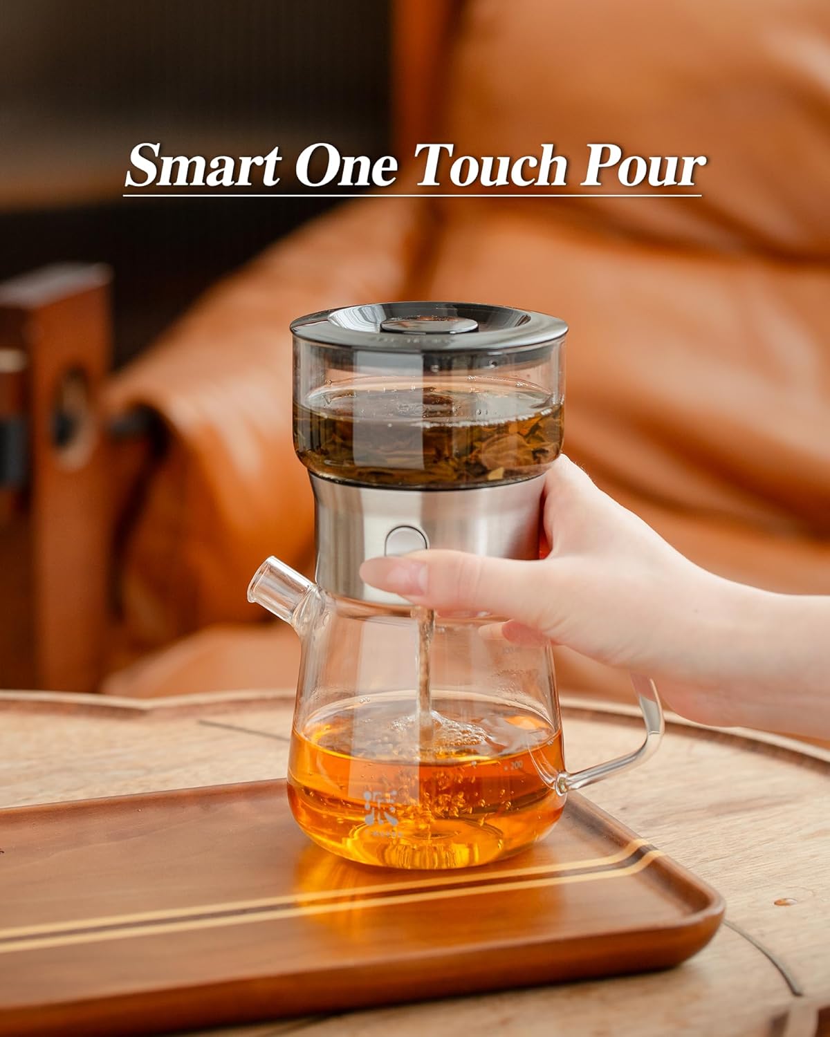 ZENS Modern Glass Tea Infuser Teapot Set, Smart One Touch Tea Maker for Loose Tea Diffusers with 2 Gongfu Cups, Cool Enchanted Tea Pot Alternatives for Black Tea Lovers Gifts-400ml
