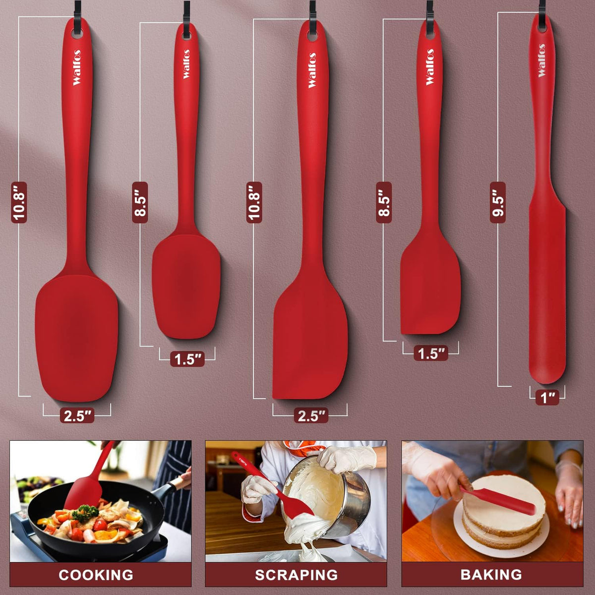 Walfos Silicone Spatula Set of 5-600°F Heat Resistant Kitchen Scraper Spatulas, Strong Steel Core and One-Pieces Seamless Design, Great for Cooking Mixing & Baking - BPA Free & Dishwasher Safe (Red)