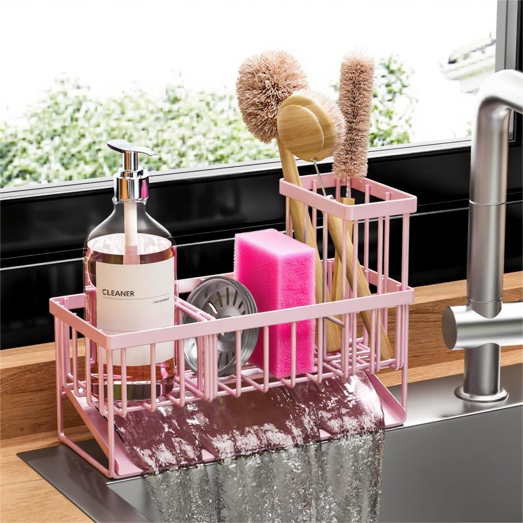 Cisily Pink Kitchen Sink Caddy Organzier with High Brush Holder, Sponge Holder for Sink, 304 Rustproof Stainless, Kitchen Countertop Soap Dispenser Organizer